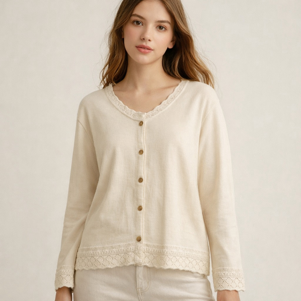 Vintage Cream Knit Cardigan Scalloped Lace Trim Button Up Sweater CottageCore XL - Picture 2 of 6